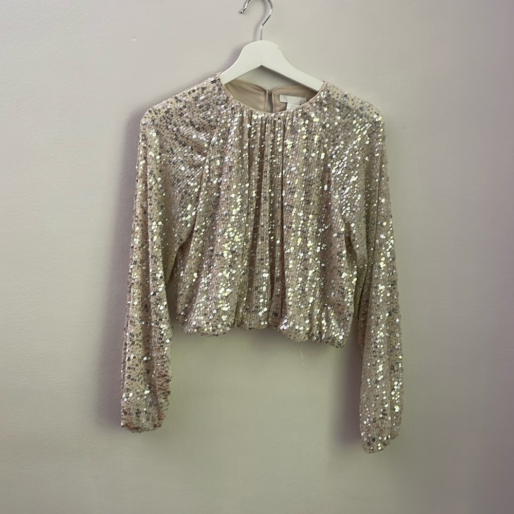 HM Gathered Cropped Sequin Long-sleeve Top